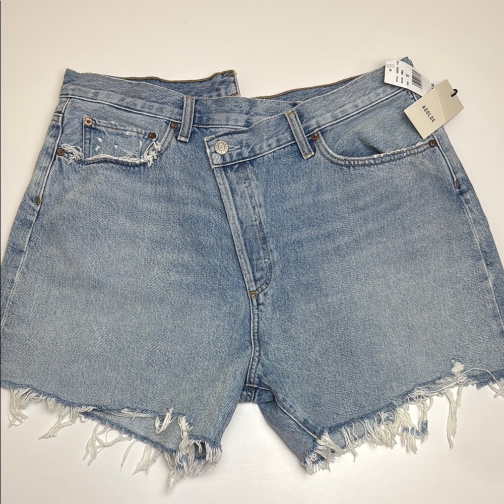 Agolde Crossover High Rise Distressed Denim Shorts 32, Criss Cross Button Fly